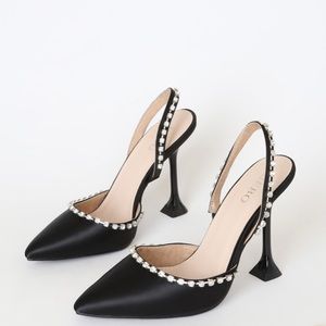 Crystal Black Satin Rhinestone Pointed-Toe Heels